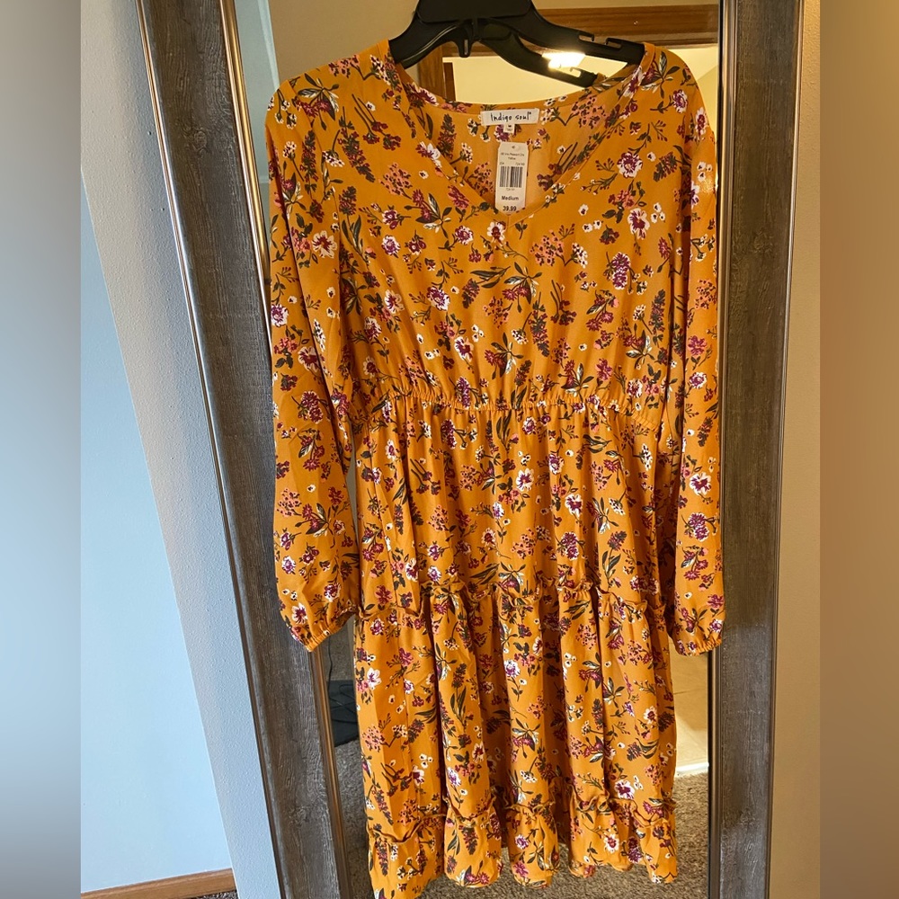 Mustard floral long sleeve dress